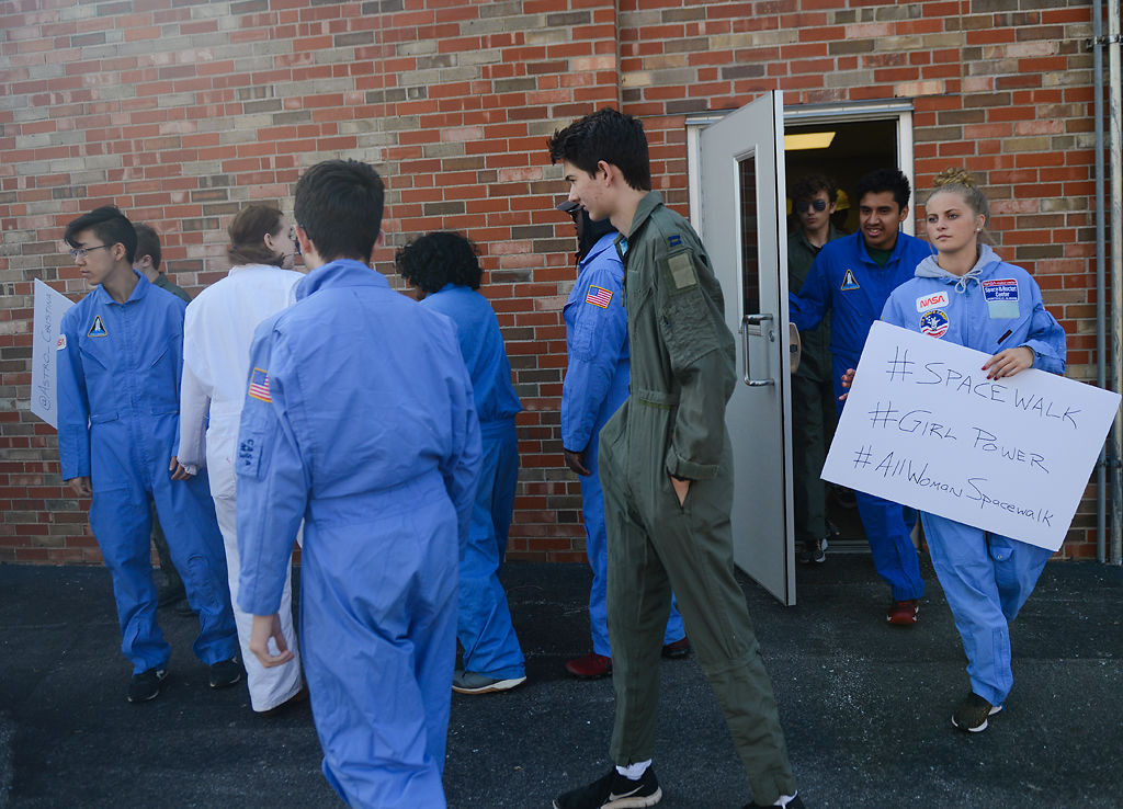 Students in the Columbia Aeronautics and Space Association (CASA) class step outside